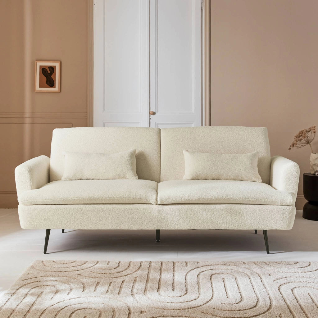 Divano letto in bouclé, 2–3 posti, crema
