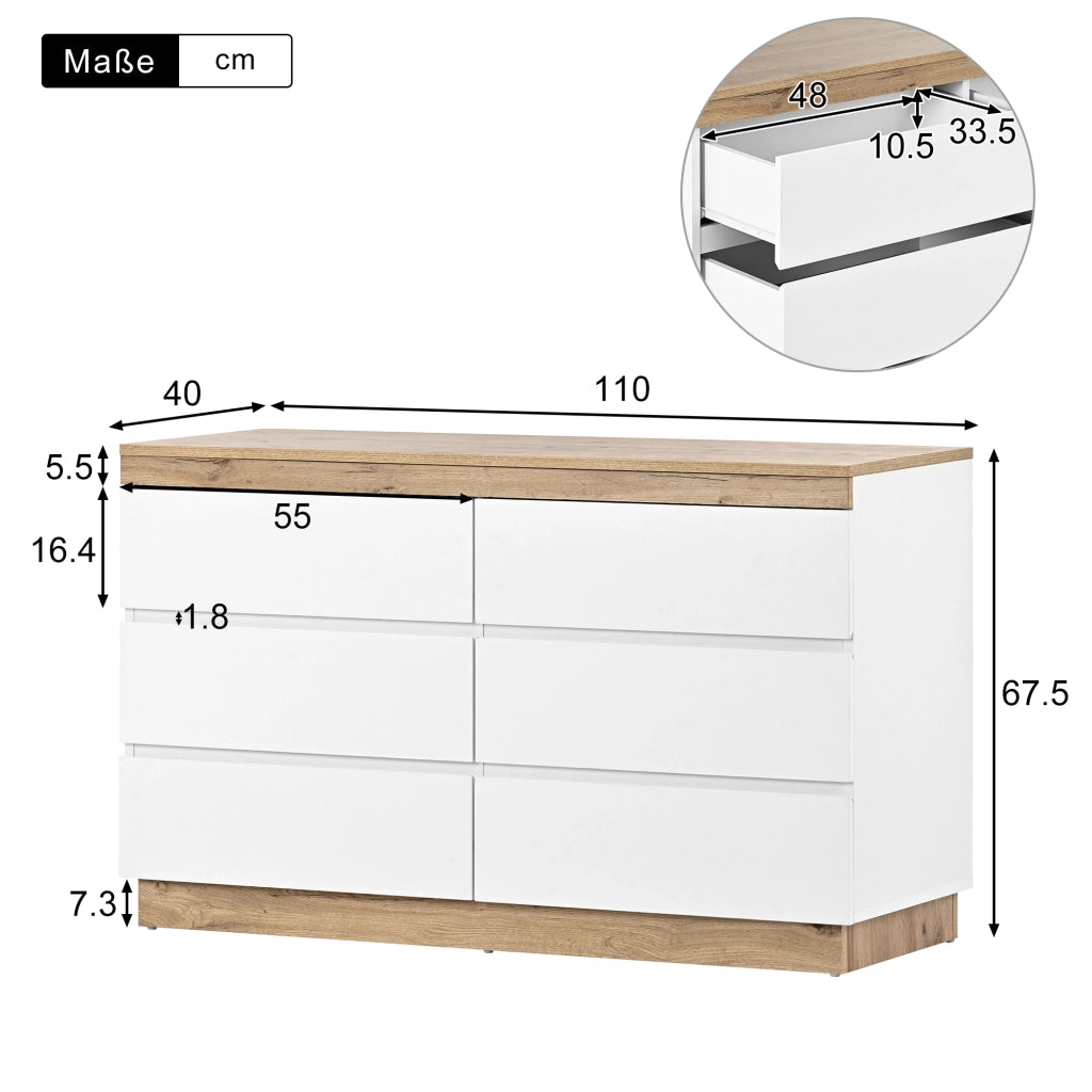 Cassettiera con 6 Cassetti e Anta; Stile Classico; in Pannello Truciolare E1; Bianco e Rovere