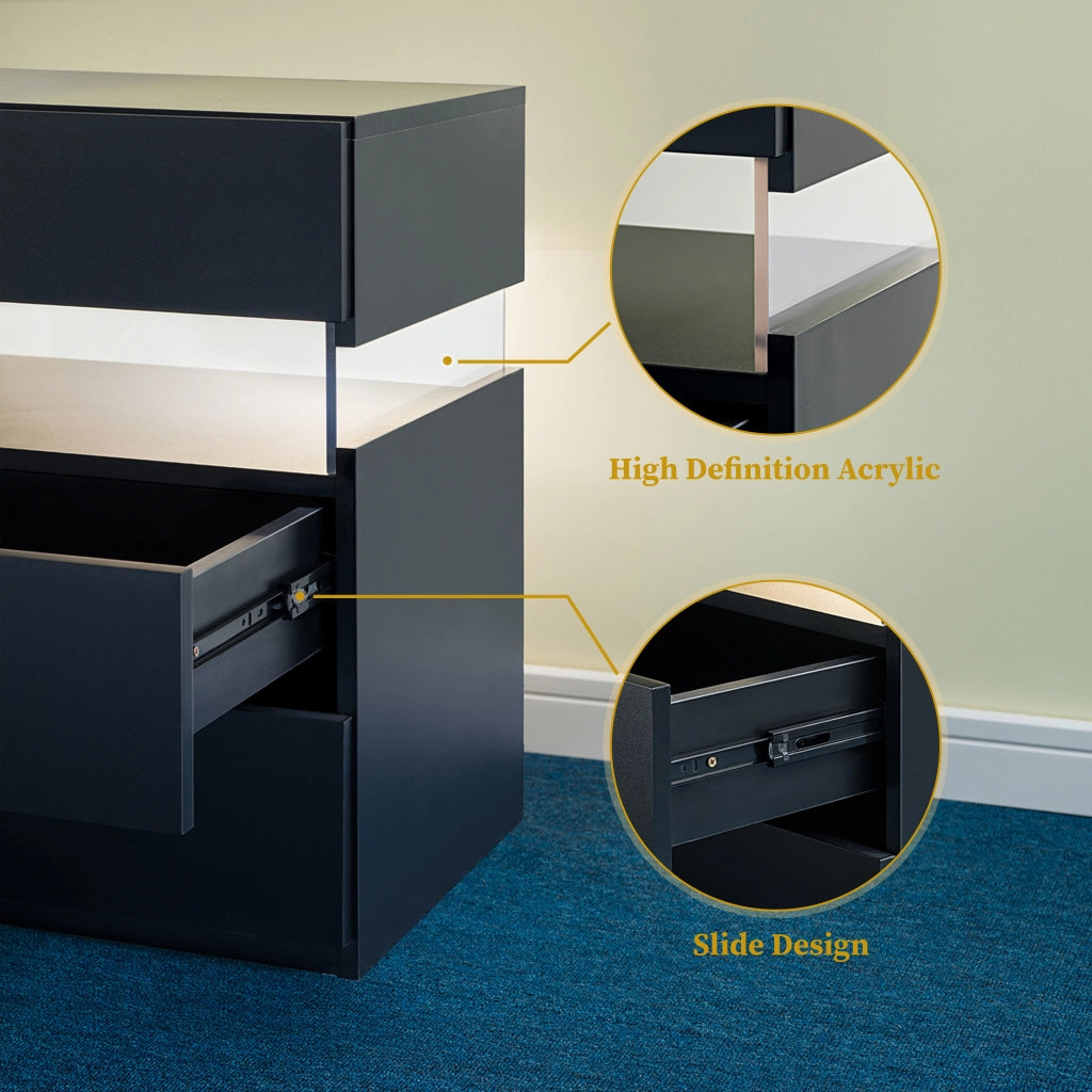 Comodino con LED e 3 cassetti, in legno ingegnerizzato, per camera da letto e soggiorno, nero, 60 × 46 × 22 cm
