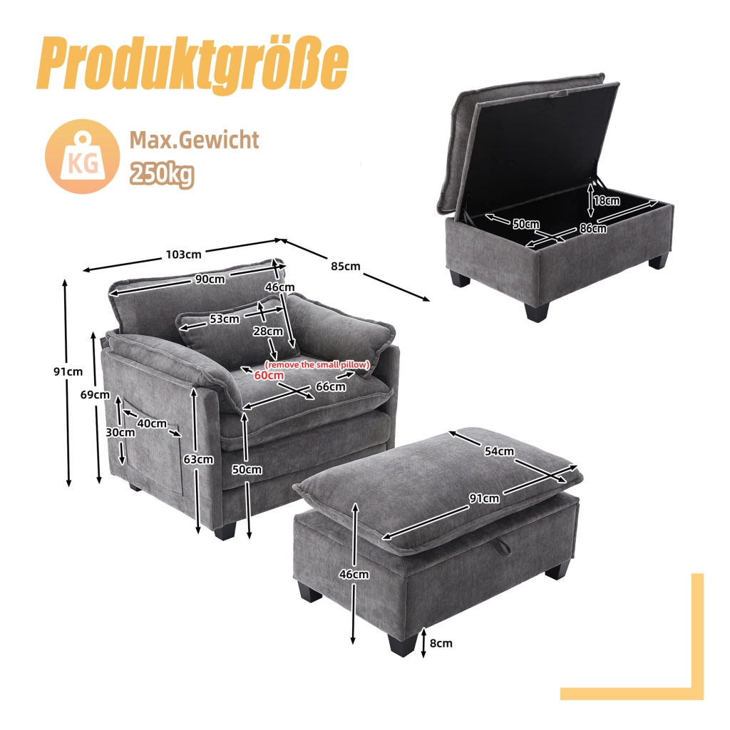 Poltrona con pouf contenitore e tasche laterali per salotto e camera, in ciniglia, Grigio