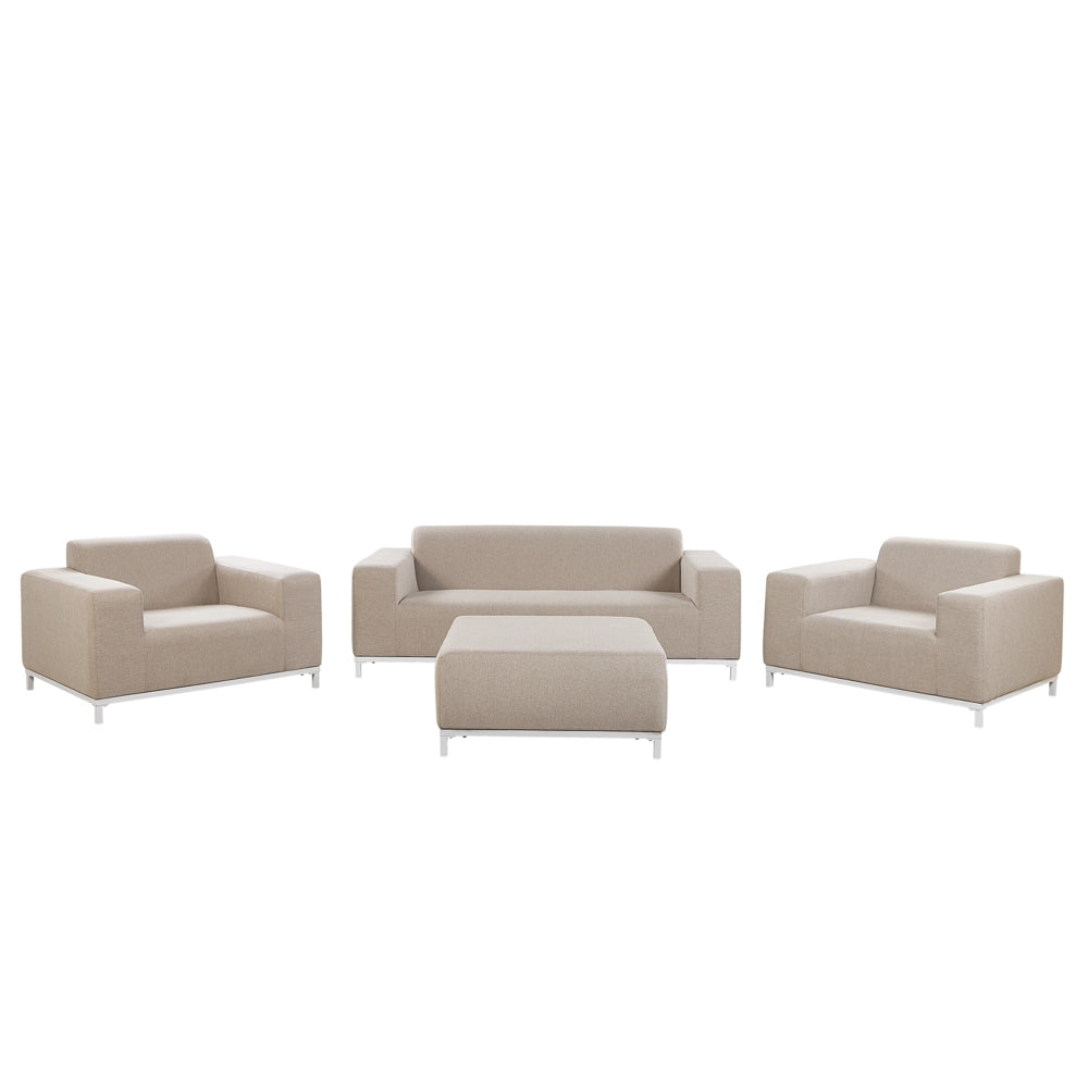 Set divano da giardino rivestimento tessuto beige gambe alluminio bianco con ottomana 5 posti resistente agli agenti atmosferici all'aperto