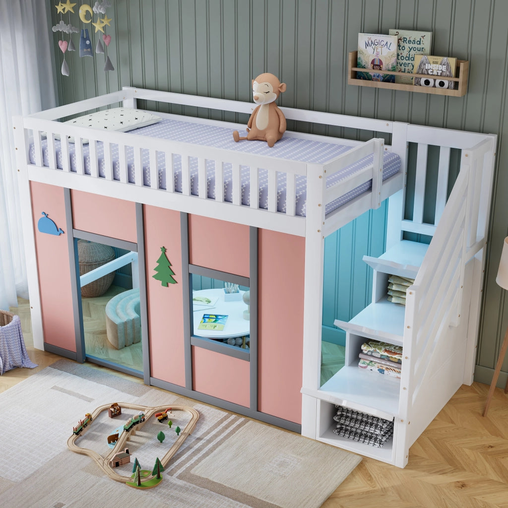 Letto a soppalco per bambini 90 × 200 cm con scala contenitore, LED, barriera di sicurezza, senza materasso, bianco rosa