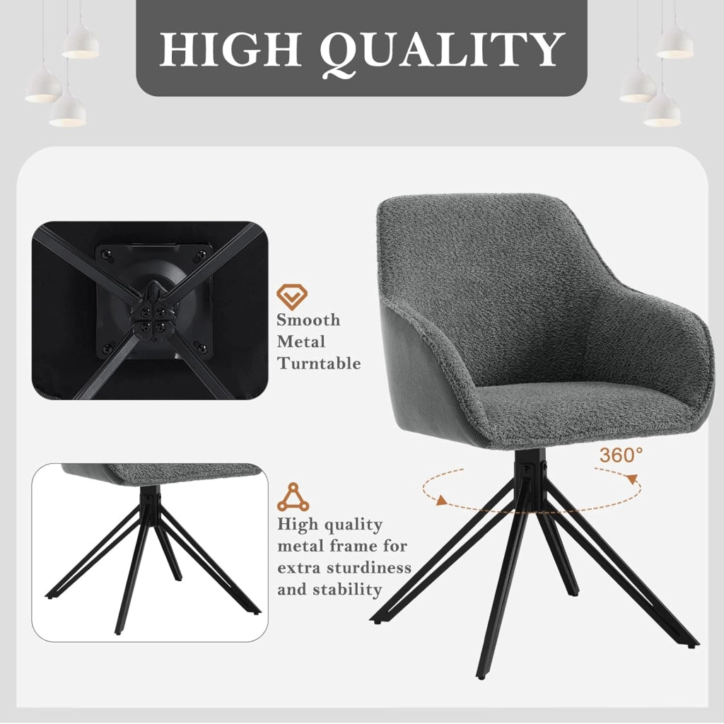 Sedie Sala da Pranzo 2 Pezzi, Sedie Cucina, Sedia Ufficio, Sedie da Pranzo Girevole Moderne con Gambe in Metallo, Seduta in Tessuto Bouclé e Velluto a Coste, Grigio Scuro, EZS11dgr-2