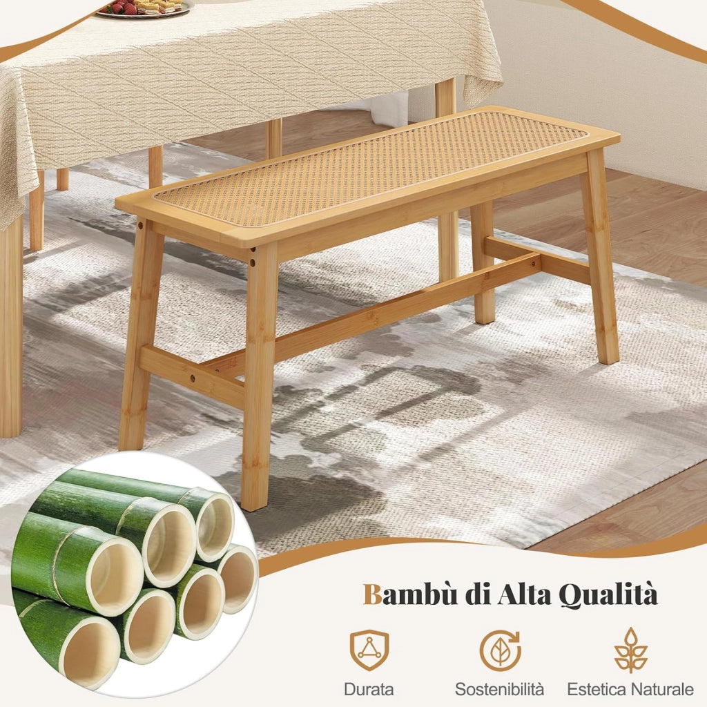 Panca da Pranzo 100 cm in Bambù Naturale, Panchina per 2 Persone con Seduta Rattan Intrecciato a Mano, Panca Stile Fattoria per Cucina, Bagno e Camera da Letto, Sgabello per Scarpe