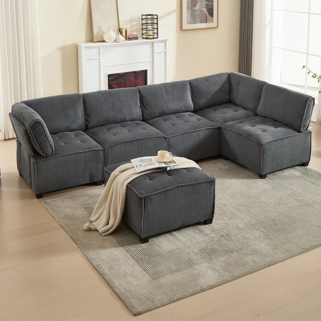 DIVANO Modulare 6 posti 308x154x81,99 cm in tessuto a coste grigio