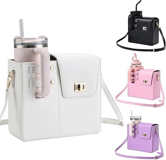 Borsa da viaggio per bicchieri da tavola con tasca laterale e cinturino regolabile, portabottiglie in pelle con tasca per oggetti accessori per donne - bianco (senza bicchieri)