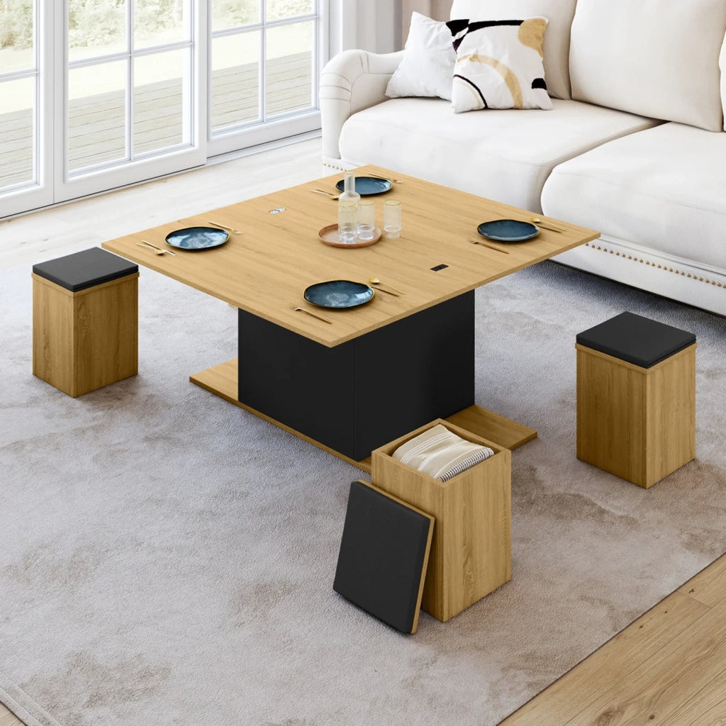 IDMarket - Tavolino rettangolare alzabile trasformabile in tavolo da pranzo EDEN 100 cm in legno e nero con poggiapiedi