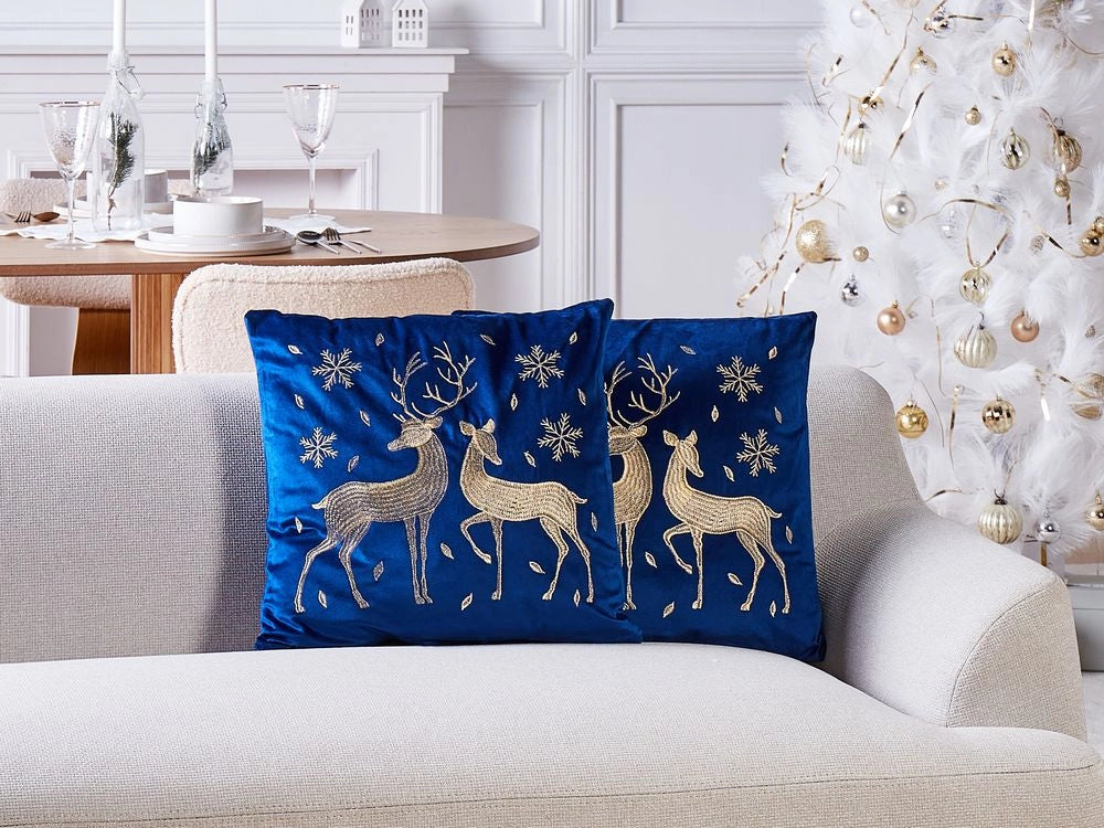 Set di 2 cuscini decorativi in tessuto di velluto blu con motivo natalizio di cervi 45 x 45 cm Accessorio decorativo
