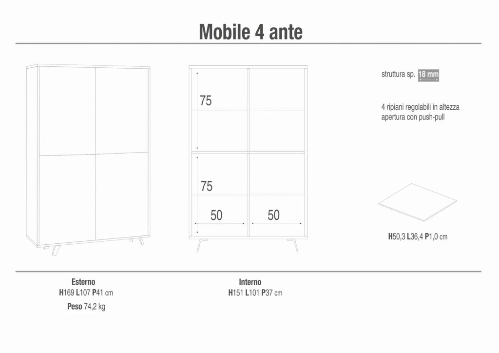 Armadio mobile 4 ante con apertura push-pull 107x41x169h cm in kit colore Cemento e Bianco lucido