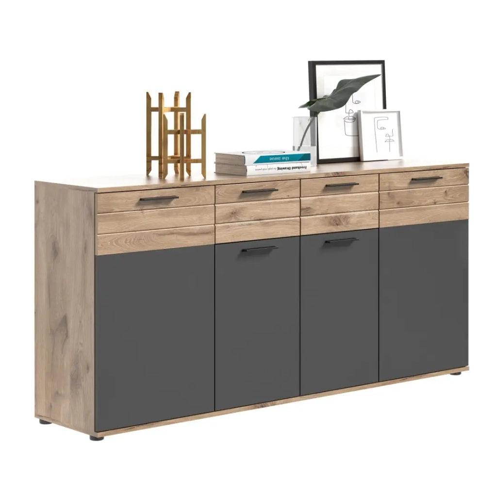 Buffet 4 porte 4 cassetti – Grigio antracite e rovere chiaro – SELMA