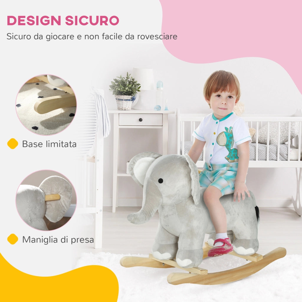 Cavallo a Dondolo per Bambini 2-4 Anni a Forma di Elefante con Suoni e Rivestimento Morbido, Grigio