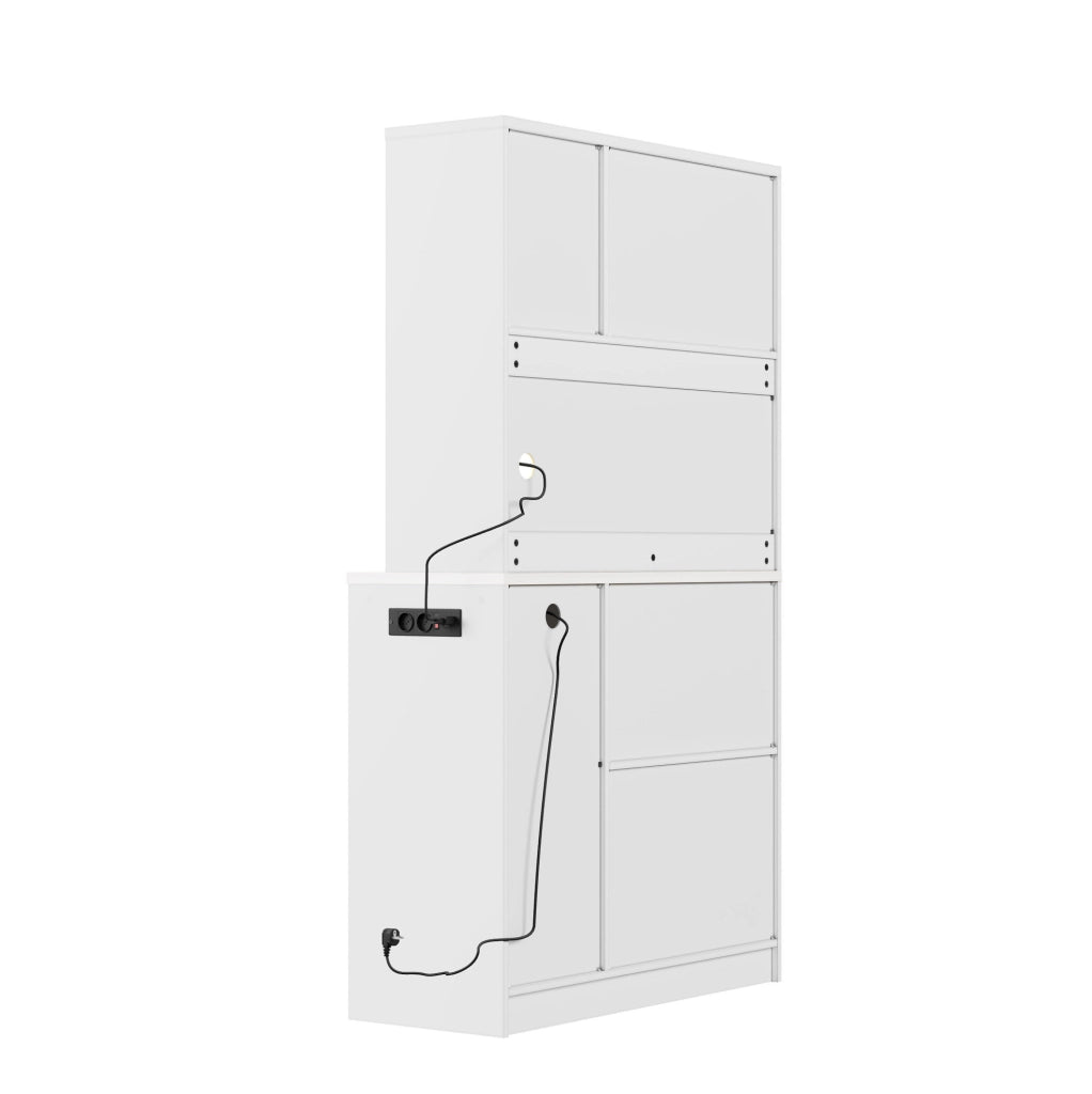 Credenza cucina 100x40x180 cm con LED RGB; presa integrata e vetro zigrinato in MDF bianco