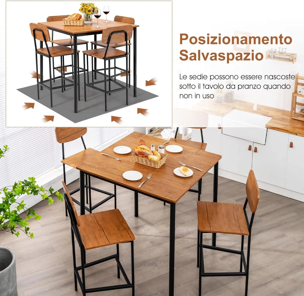 Set 5 Pezzi Tavolo da Pranzo, 1 Tavolo Rettangolare e 4 Sedie con Poggiapiedi, Set di Tavolo da Pranzo Salvaspazio per Casa Ristorante Bar (Marrone Scuro)