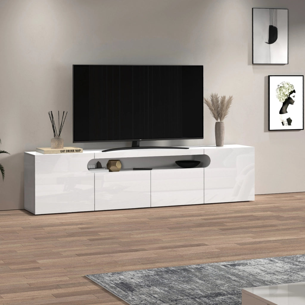 WHOUS Mobile porta TV Real con 4 ante e 1 vano aperto bianco lucido 240x40x60 cm