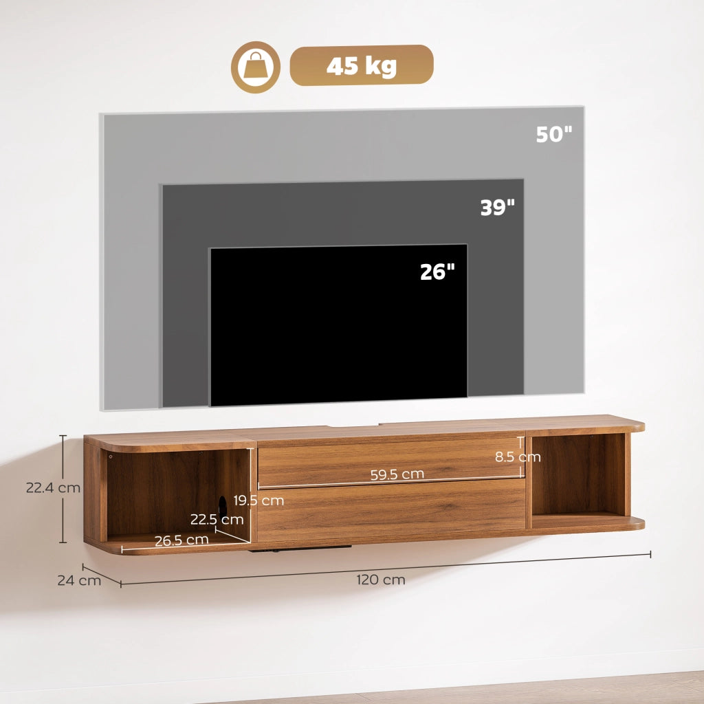Mobile TV Sospeso con Cassetto, Ripiani e Prese ¨C zephmum ¨C Noce, 120x24x22.4 cm