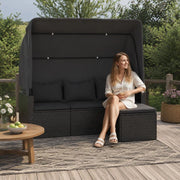 3-seater Garden Sofa With Canopy And Footstool, Black Poly Rattan