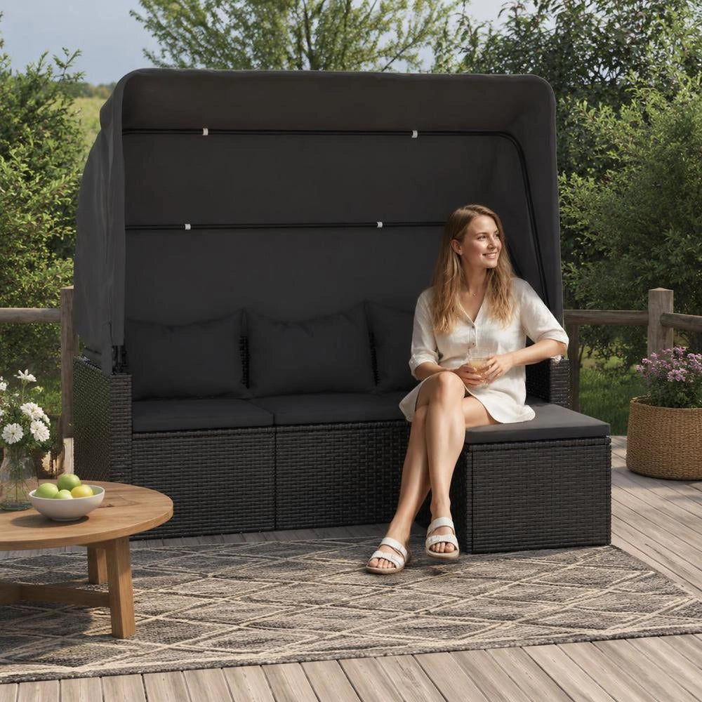 3-seater Garden Sofa With Canopy And Footstool, Black Poly Rattan