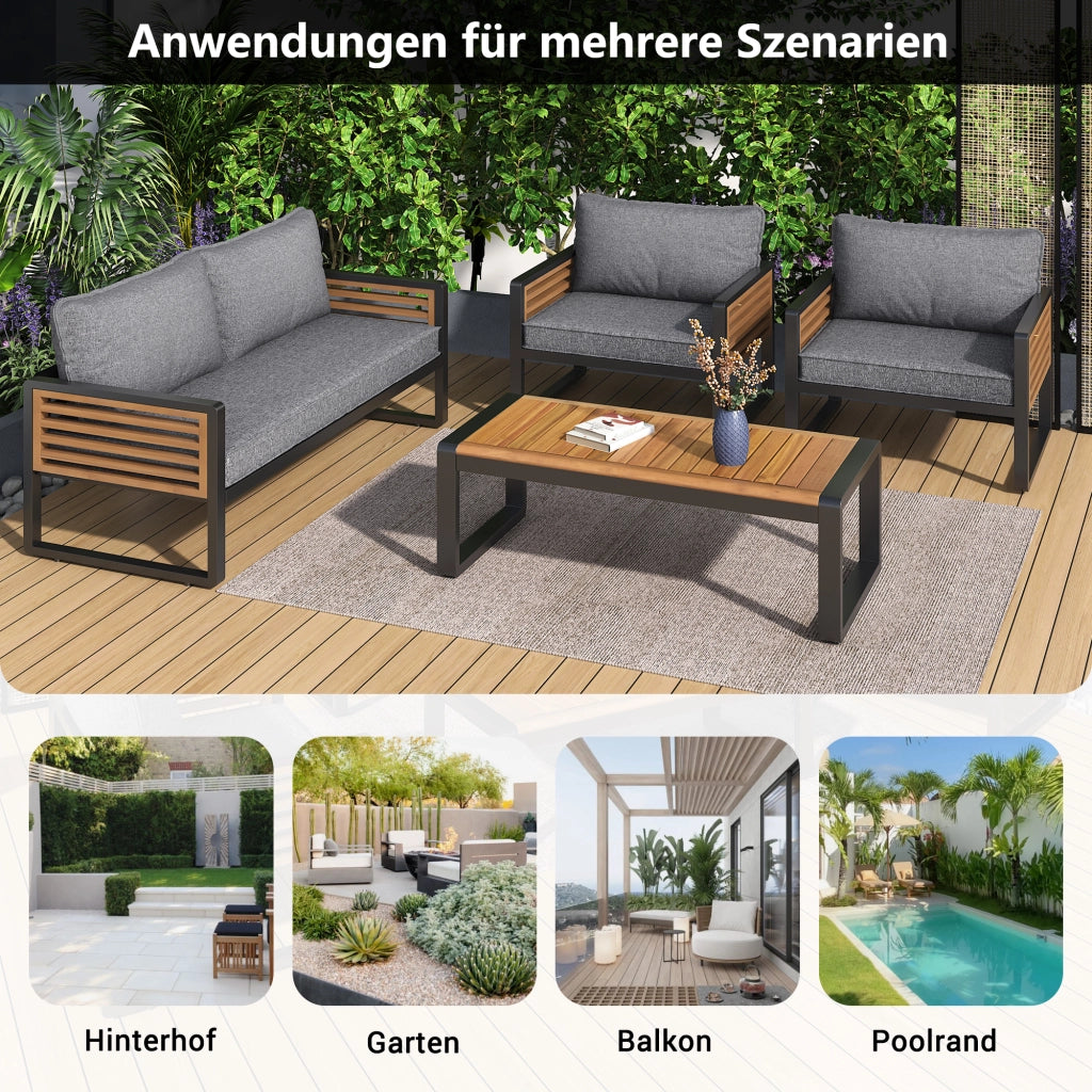 Set salotto giardino 4 pezzi: ferro zincato; Divanooo 2 posti + 2 poltrone + tavolo; braccioli legno; grigio anticato