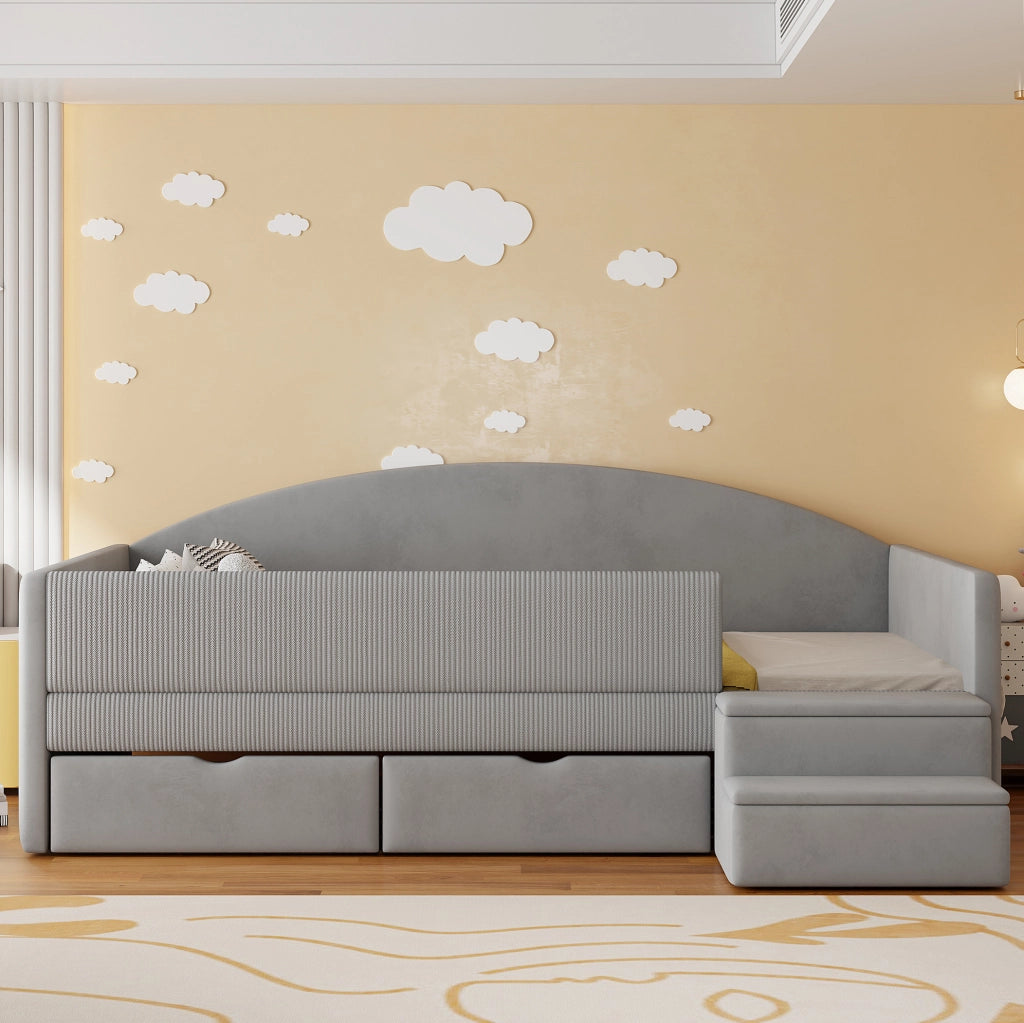 Letto imbottito 90x190 cm con due cassetti e scalini in velluto