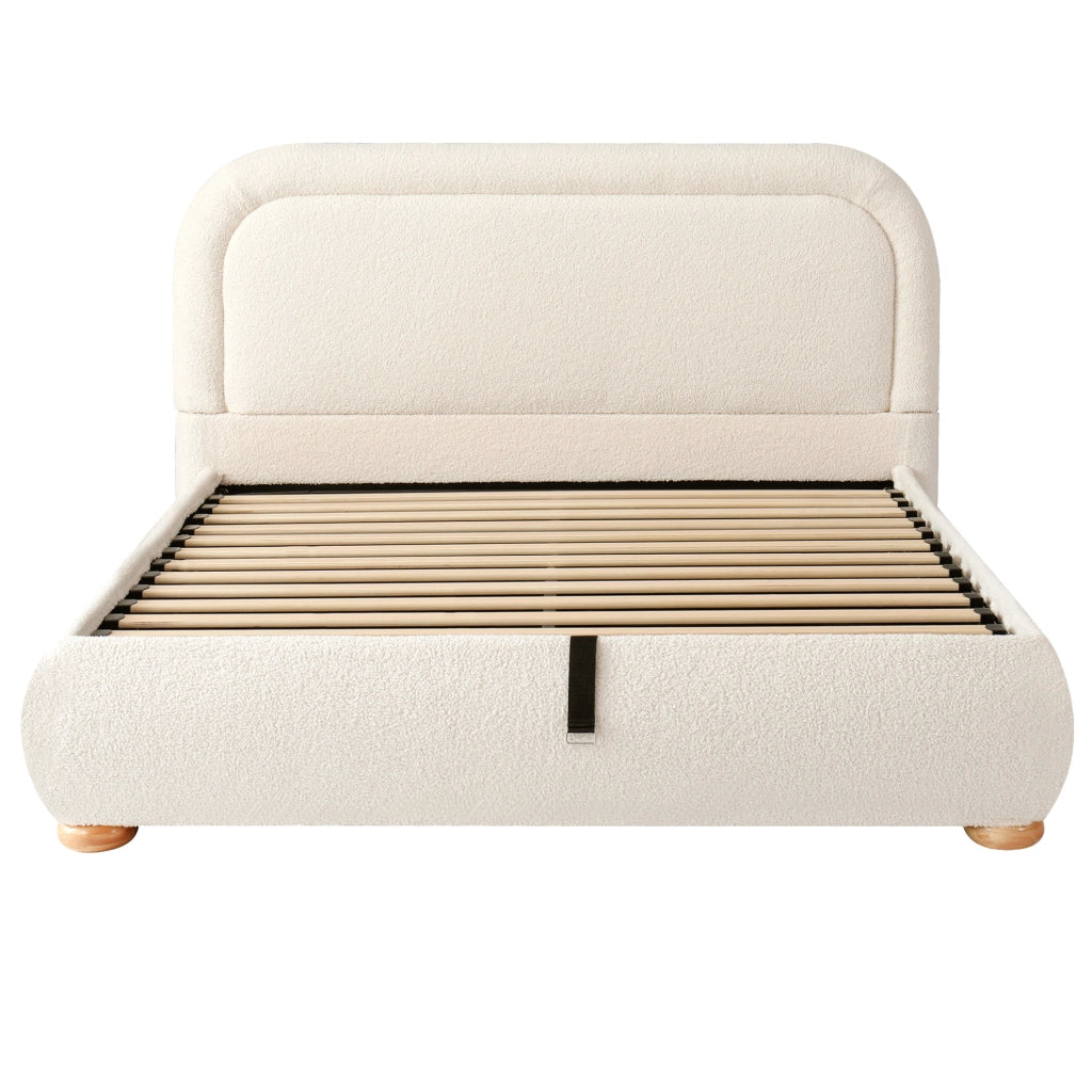 Letto matrimoniale imbottito con contenitore idraulico 140x200 cm; bouclé beige con rete a doghe