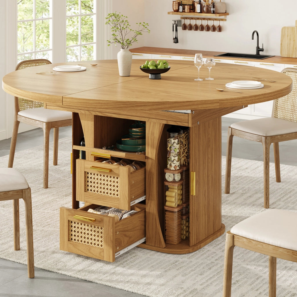 Tavolo da pranzo allungabile con contenitore; 1 cassetto e stile legno; in mdf; naturale