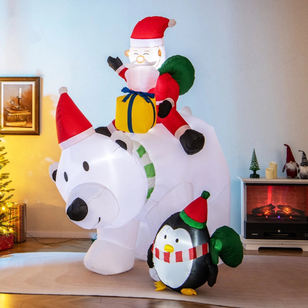 Orso polare gonfiabile illuminato alto 210cm, Babbo Natale gonfiabile che cavalca orso con pinguino sacchetti regalo-Gonfiabili natalizi