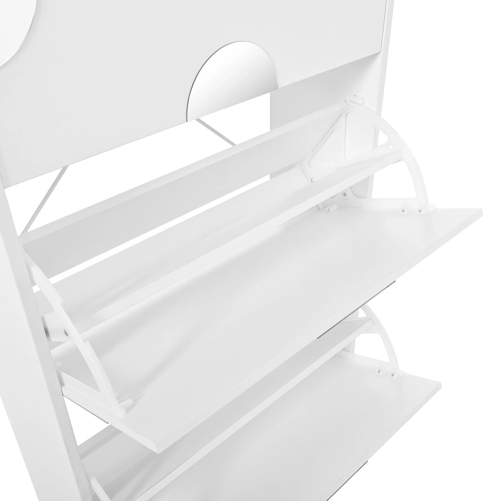 Scarpiera con 3 Ante a Ribalta e Specchio Rotondo; Struttura Verticale Salvaspazio; in MDF; 63×24×120 cm; Bianco