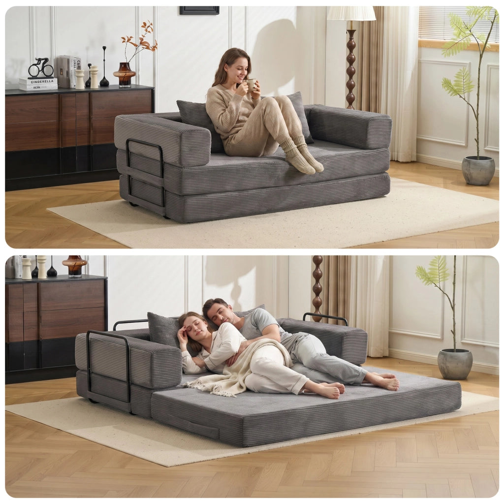 Divano letto pieghevole a pavimento con braccioli e schienale in velluto a coste grigio scuro 185 × 92,5 × 60 cm