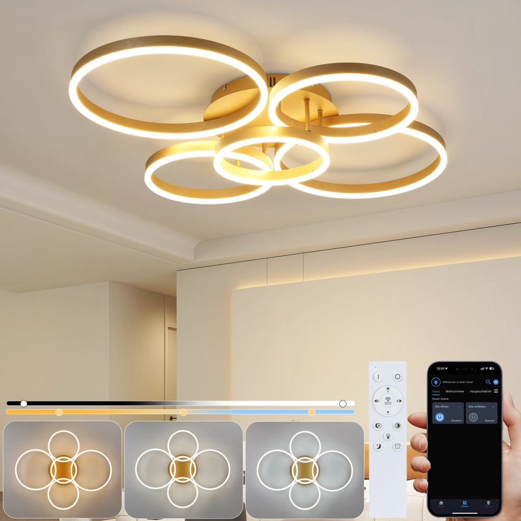 ZMH Lampada da soffitto plafoniera LED 78W dorata dimmerabile telecomando 5 anelli per soggiorno camera letto