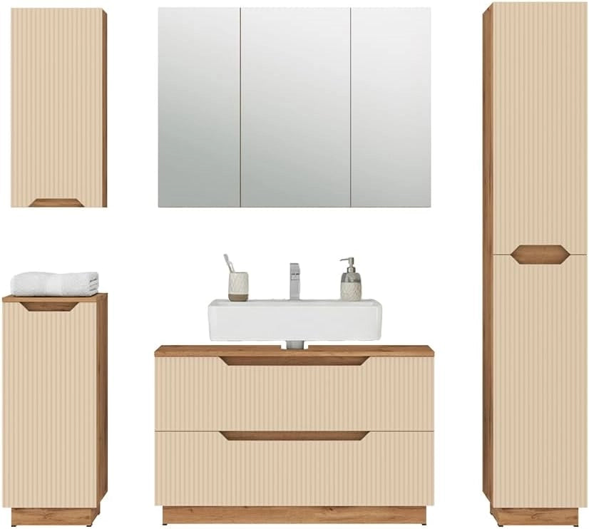 Set di mobili da bagno Lotta, Rovere/cashmere a righe, 5 parti