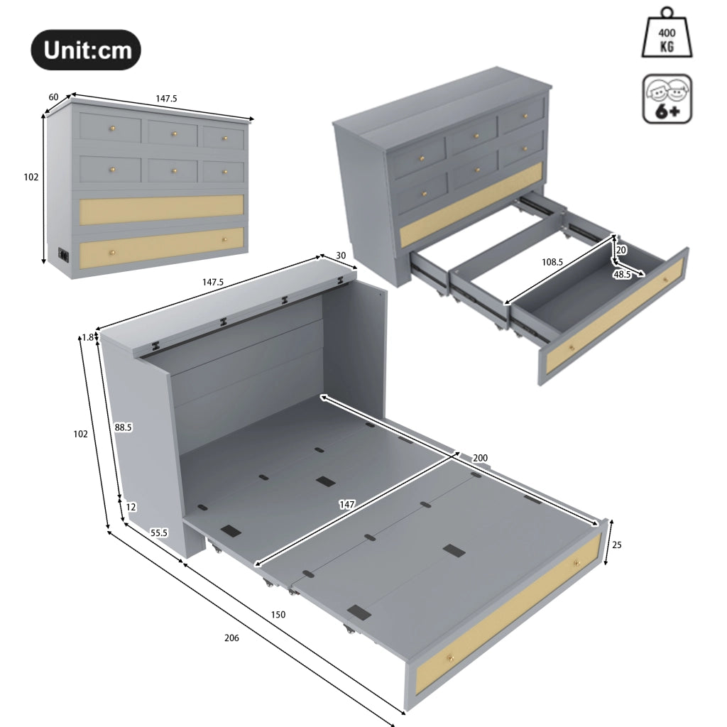 DESMIU Letto combinato 2 posti con cassetto, USB e presa, 140 × 200 cm, senza materasso, MDF, grigio