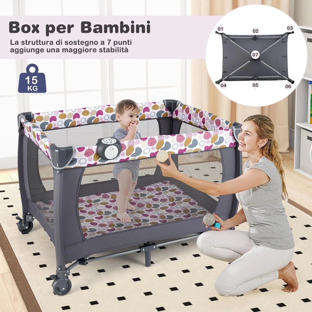 5 in 1 Culla Campeggio Bambini, Lettino Viaggio Neonati Pieghevole con Materasso, Fasciatoio, Box Portatile con Ruote, 2 Giocattoli e Carillon, per Bambini 0-3 Anni (Rosa Scuro)
