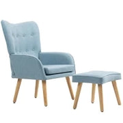 Poltrona con Poggiapiedi, Schienale Alto Trapuntato, Gambe in Legno e Rivestimento in Lino, Azzurro Chiaro