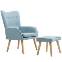 Poltrona con Poggiapiedi, Schienale Alto Trapuntato, Gambe in Legno e Rivestimento in Lino, Azzurro Chiaro