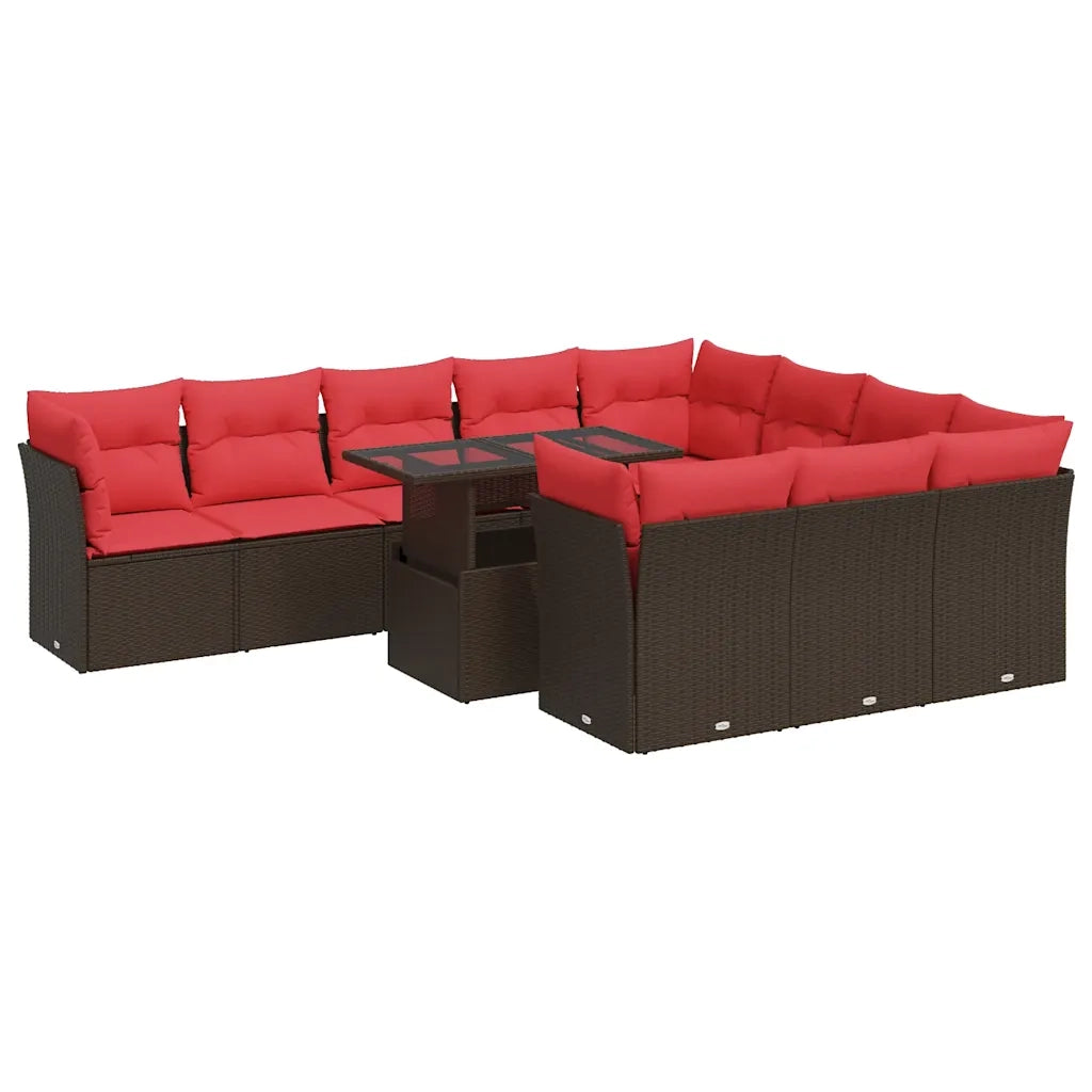 Set Divani Giardino 11 pz con Cuscini Polyrattan Marrone Acacia 3326235