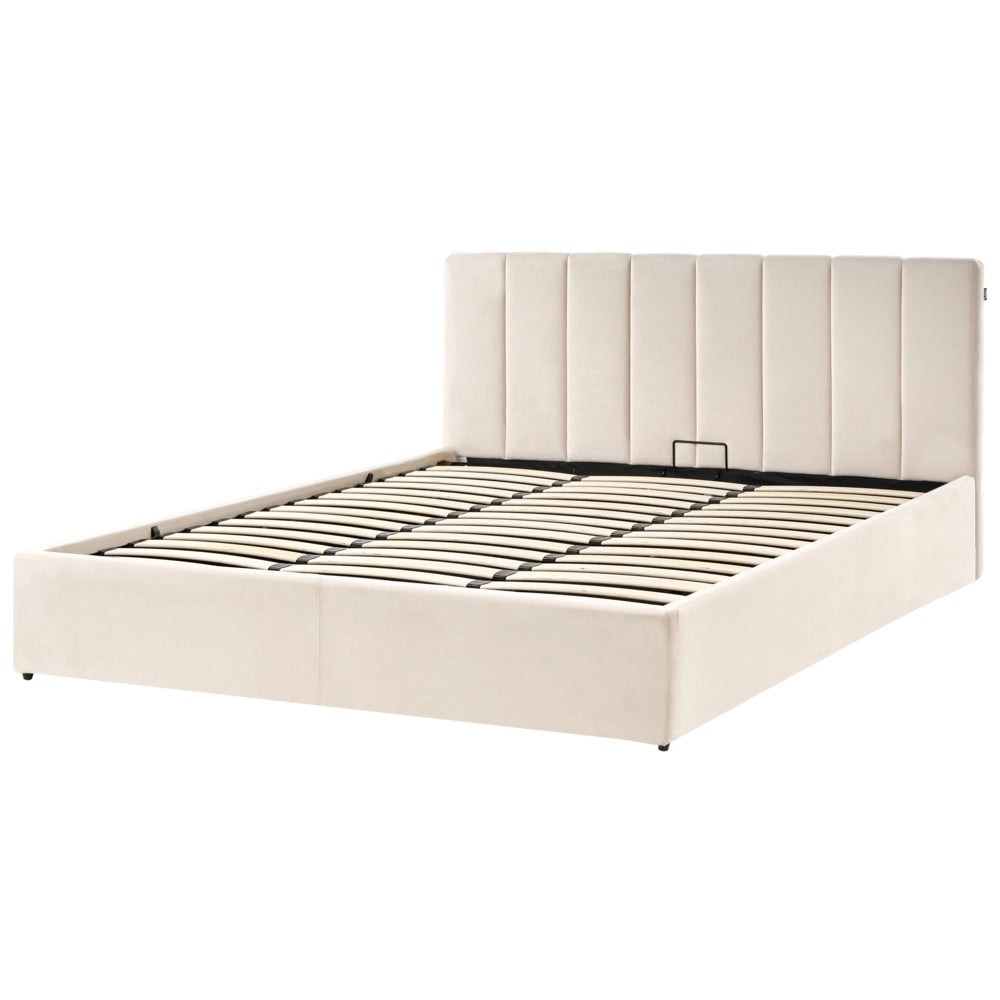 Letto contenitore Rivestimento in velluto beige 180 x 200 cm con testiera a doghe