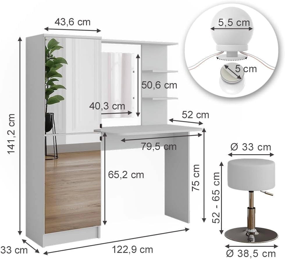 Tavolo da toeletta, Bianco, 123 cm con illuminazione LED e sgabello, Soluzione di conservazione per tutti i prodotti di bellezza