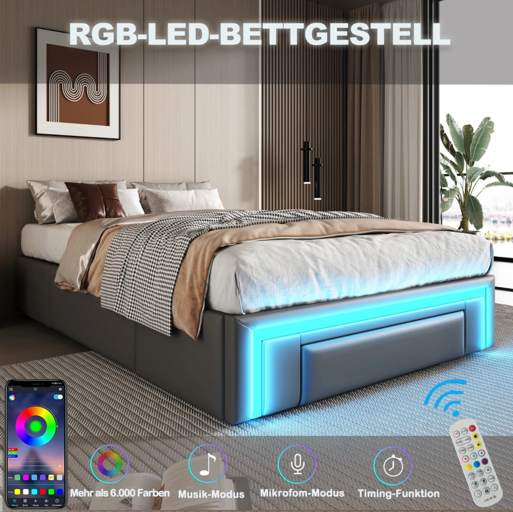 Letto imbottito 90x200 cm con cassetti e LED RGB; senza testiera; PU grigio