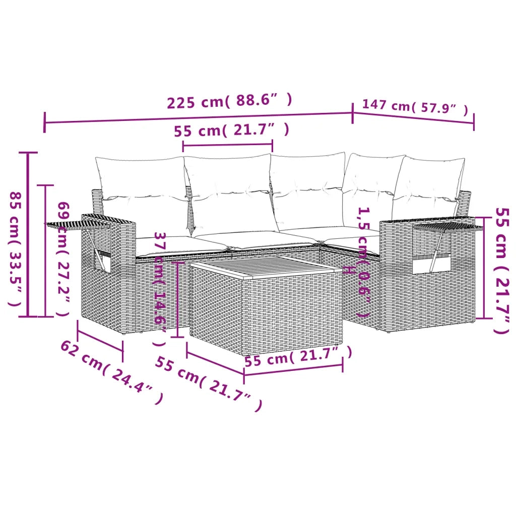 Set Divani da Giardino 5 pz con Cuscini in Polyrattan Nero 3256874