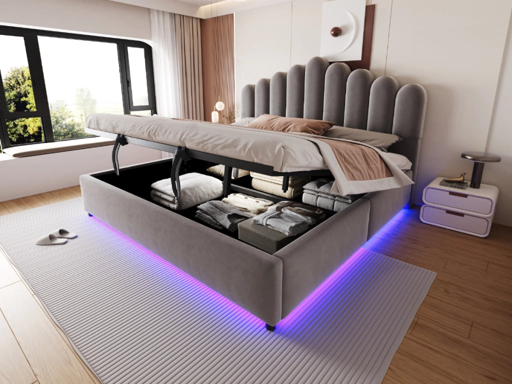 DESMIU Letto contenitore 180 × 200 cm 2 posti con LED, vano idraulico, senza materasso, in velluto, grigio