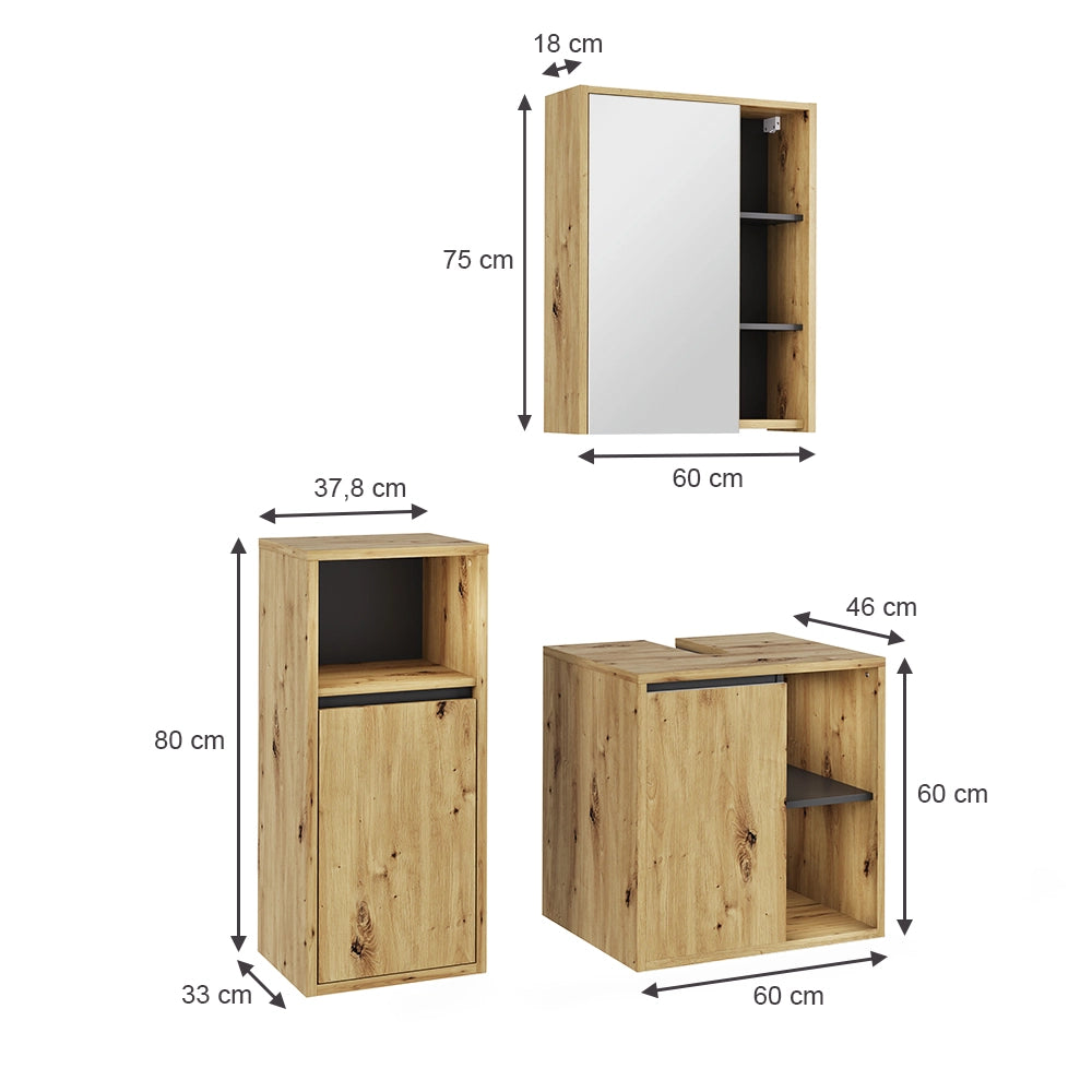 Vicco Set di mobili da bagno Artigiano/grigio 3 parti