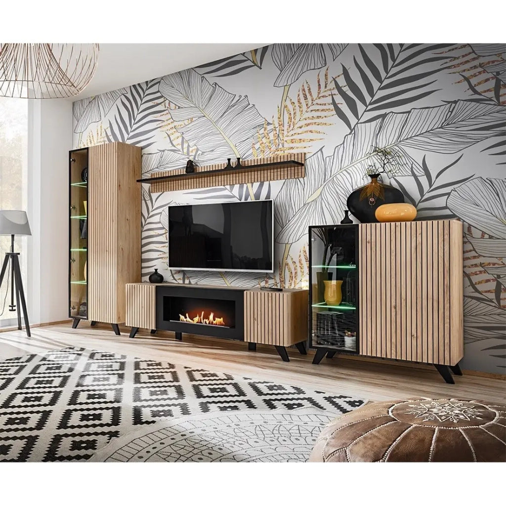 Mobile TV design con camino decorativo color rovere e nero collezione NIELSEN.