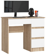 Scrivania per computer AKORD A7 Sonoma Quercia 90 cm 4 cassetti inserto frontale Bianco 90x50x77 cm Modello a destra