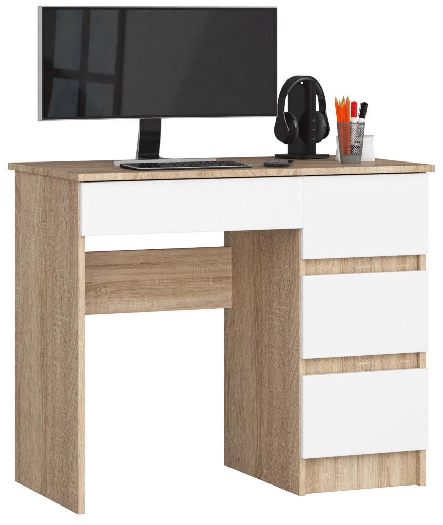 Scrivania per computer AKORD A7 Sonoma Quercia 90 cm 4 cassetti inserto frontale Bianco 90x50x77 cm Modello a destra