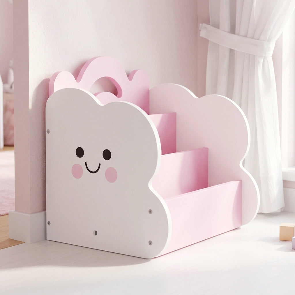 Mobile per Bambini 85,5x32x72 cm con Portariviste Libreria a 3 Livelli e Comodino in Legno Rosa e Bianco