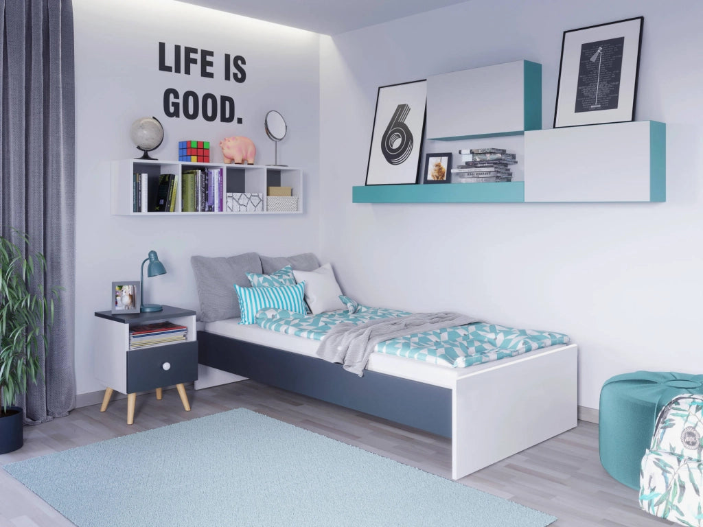Letto singolo moderno con Dvician, letto a una piazza adatto a materasso da 90x190 cm, colore Bianco e Grigio