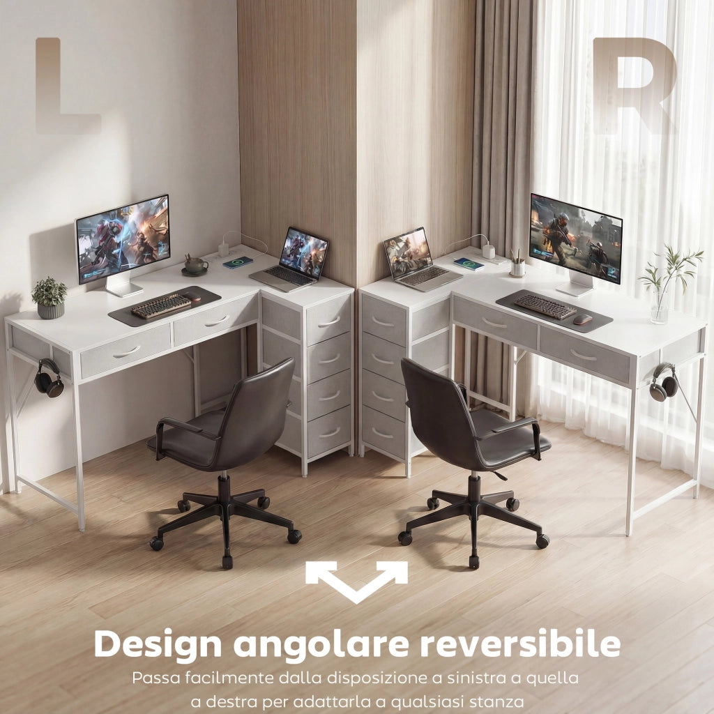 Scrivania Angolare 126x48x80 cm a 6 Cassetti con Gancio Laterale e Prese Integrate in Legno e Acciaio Bianco