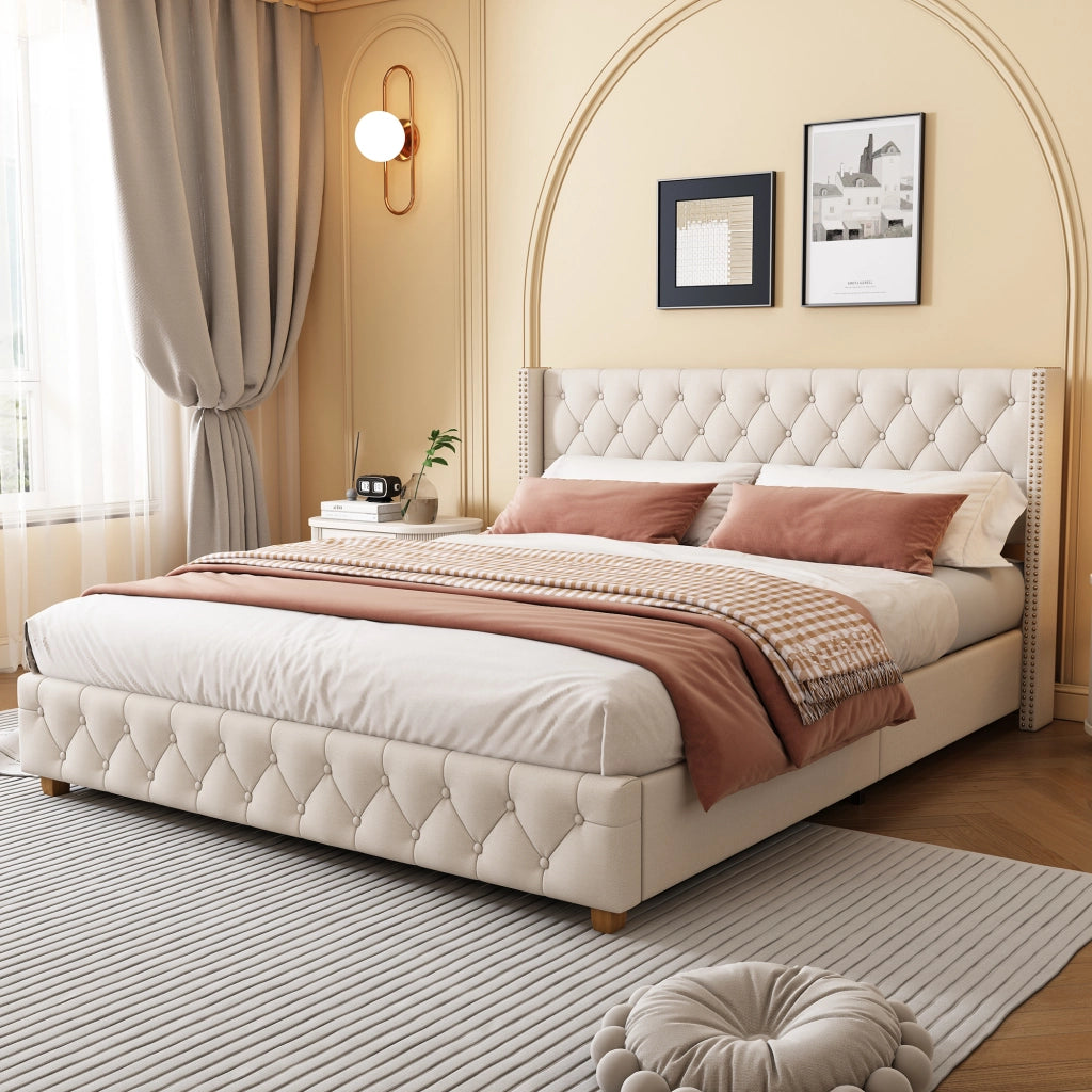 Letto Imbottito 140×190 cm; Letto Matrimoniale con Testiera con Rivetti; senza Materasso; in Lino; Beige