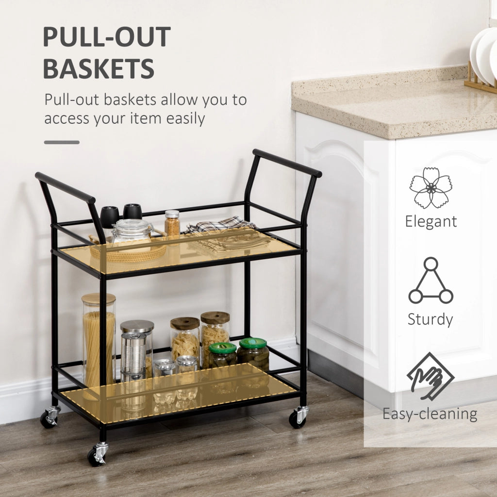 EASYCOMFORT  Carrello da Cucina a 2 Livelli con Piani in Vetro Temperato, 4 Ruote e Struttura in Metallo, 75x40x80 cm, Nero