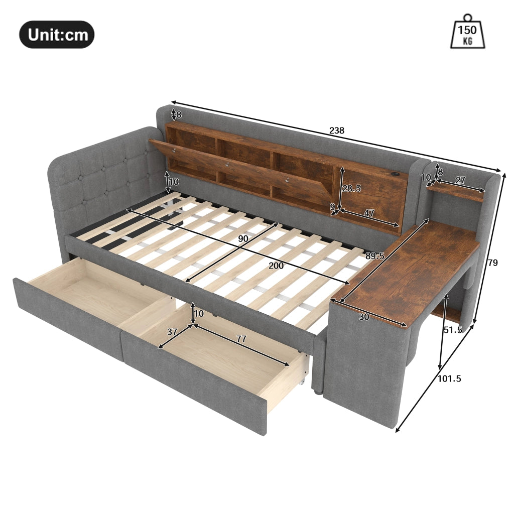 Letto singolo 90×200 cm con 2 cassetti; scrivania; USB e type-c; vano ribaltabile; senza materasso; lino; grigio